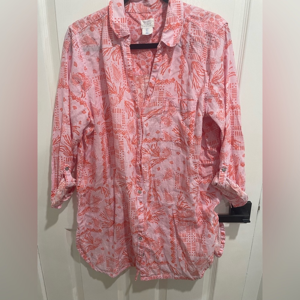 Sigrid Olson 100% linen pink orange roll tab top size large